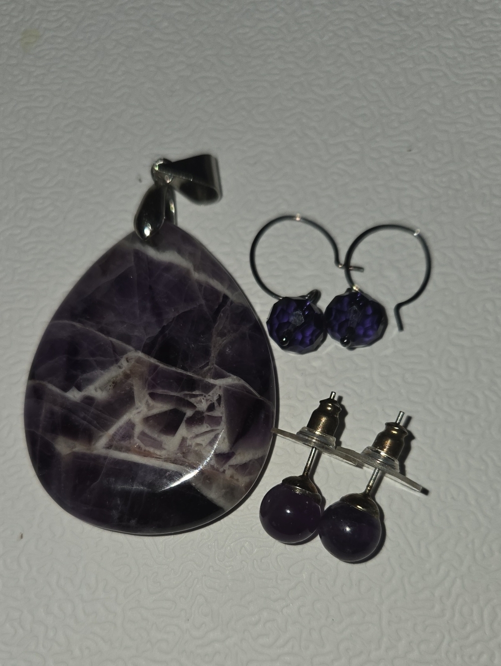 Amethyst Teardrop Stone Pendant with Purple Earrings Setof 2